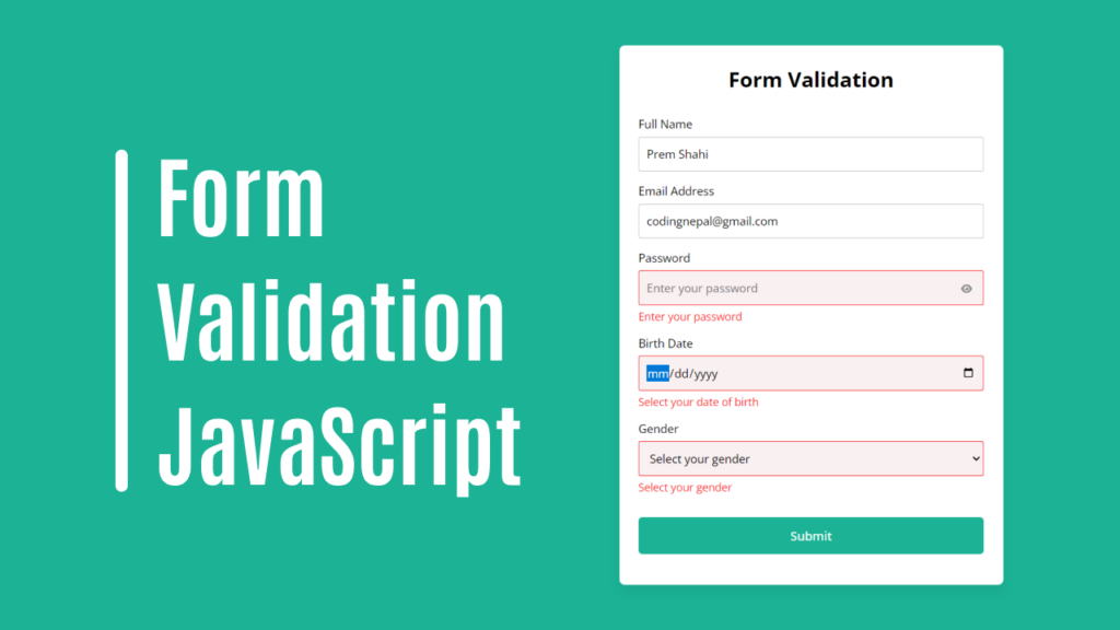 Form Validation on in HTML CSS and JavaScript